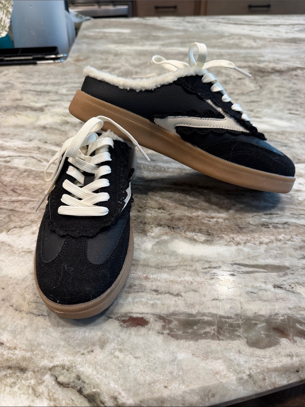 Black Suede & Nylon Sneaker Mules with Gum Sole and black lace trim.